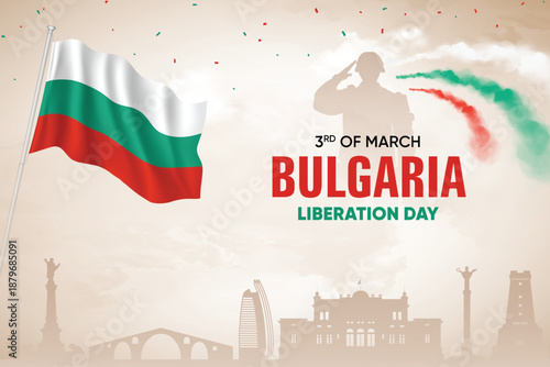 Bulgaria Liberation Day Vector Background Wth Bulgarian Flag. National Holiday Poster Design Template With Bulgaria Skyline And Air Show In Background.