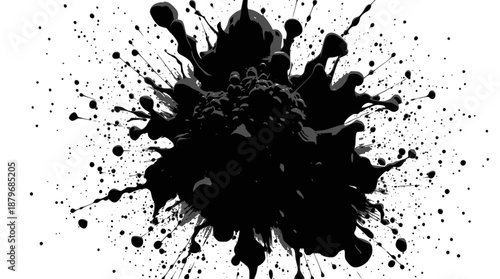 A dynamic black ink splatter with numerous small droplets radiating outwards on a clean white background, creating an abstract and artistic burst effect.