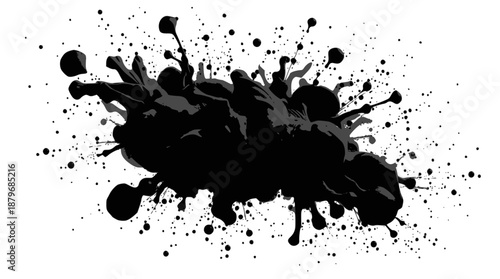 A dynamic black ink splatter with numerous droplets and splashes radiating outwards on a clean white background, creating an abstract and energetic visual effect.