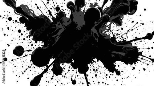 Dynamic black ink splash exploding on a pristine white background, creating a chaotic and artistic splatter effect.