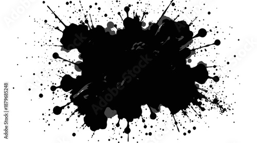 A dynamic black ink splatter with numerous small dots and streaks radiating outwards on a clean white background, creating an abstract and energetic visual effect.