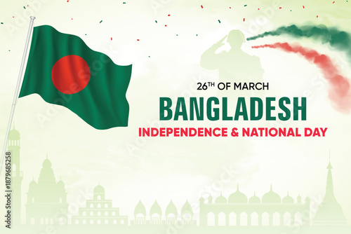 Bangladesh Independence Day Vector Background Wth Bangladesh Flag. National Patriotic Poster Design Template With Skyline and Air Show in Background.