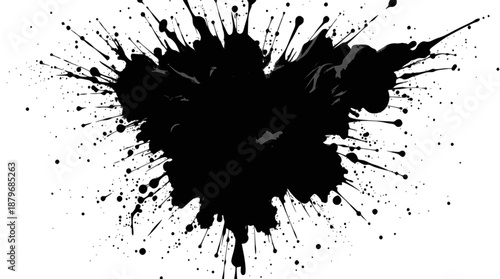 A dynamic black ink splatter with radiating droplets and streaks on a clean white background, creating an abstract and energetic visual.