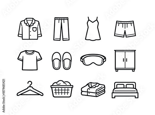 Nightwear Icons Set. Nightwear essentials. Line outline icon set of nightwear essentials: pajama shirt, pajama