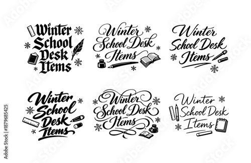 Winter Calligraphy Display. Winter School Desk Items. Create a calligraphy lettering illustration of the