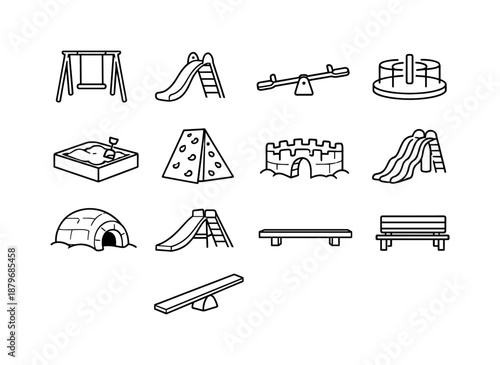 Snow Playground Icons. Snow playground essentials. Line outline icon set of Snow playground essentials: swing,
