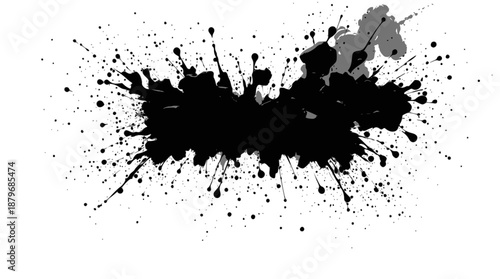 A dynamic black ink splatter with numerous drips and splashes on a clean white background, creating an abstract and grunge effect.