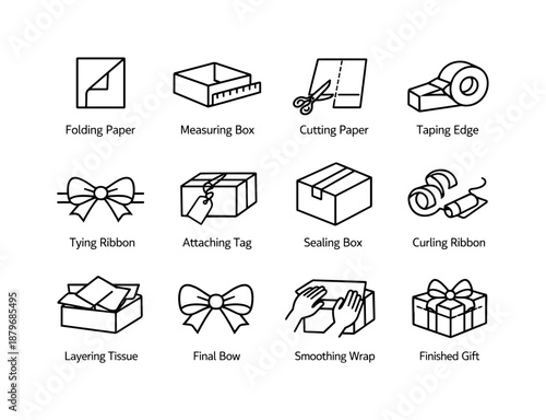 Gift Wrapping Tool Icons. Gift wrapping process tools. Line outline icon set of Gift wrapping process tools: