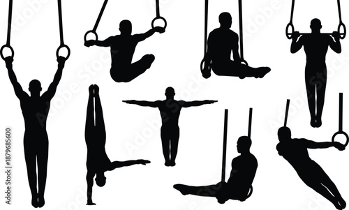 Silhouette set of male gymnasts performing artistic gymnastics rings exercises, strength poses and calisthenics movements, isolated black figures for sports and fitness design