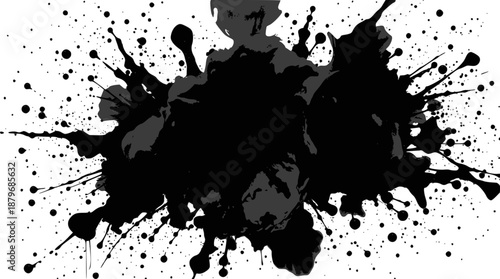 Abstract black ink splatter with subtle grey figures on a stark white background, creating a Rorschach-like effect.
