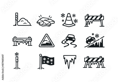 Winter Road Icons. Winter road hazard indicators. Line outline icon set of Winter road hazard indicators: snow