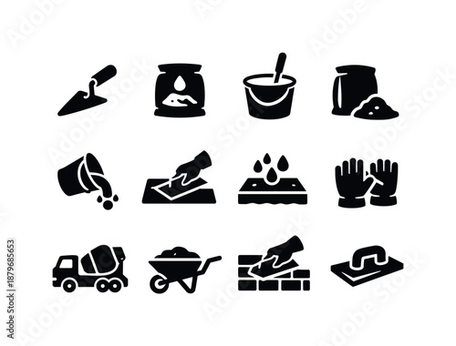 Concrete Work Icons. Concrete and mortar work. Filled icon set of Concrete and mortar work: mortar trowel,