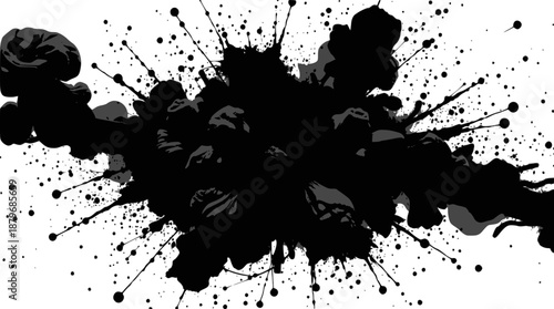 A dynamic black ink splatter with numerous drips and splashes on a stark white background, creating an abstract and expressive graphic design element.