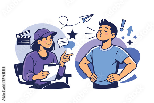 Image Generation. Acting feedback exchange. A director smiles slightly while giving notes, the actor takes a
