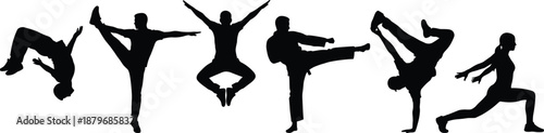 Silhouette set of martial arts athletes performing kicks, jumps and acrobatic fighting poses, dynamic combat training movements isolated for fitness and sport design