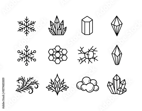 Crystalline Icon Collection. Crystalline motif collection. Line outline icon set of Crystalline motif