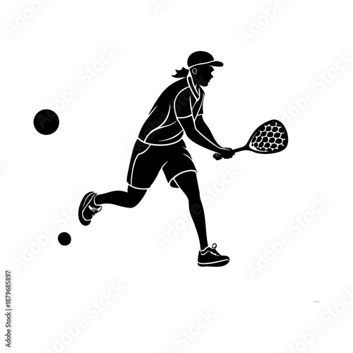 Silhouette of Padel Player Lunging with Racket and Dual Balls in Dynamic Motion