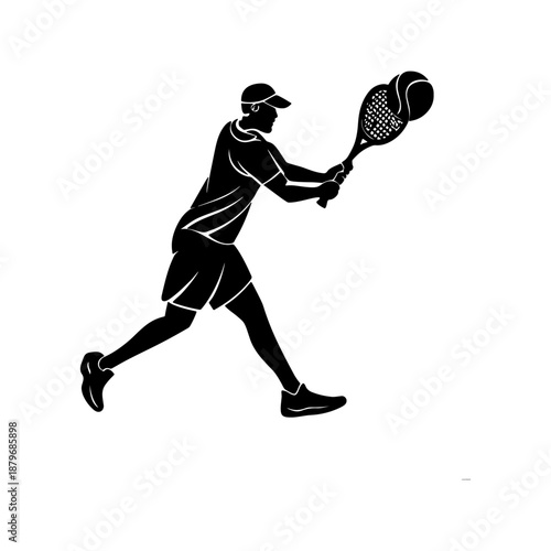 Silhouette of Tennis Player in Backhand Swing with Racket and Ball in Motion