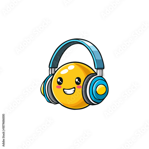 Smiling emoticon wearing blue headphones illustration.