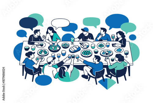 Image Generation. Wide social perspective. A long table seen from above with people sharing a meal,