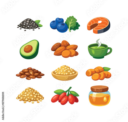 Colorful Superfood Icons. Superfoods. Colorful flat vector icons set of Superfoods: chia seeds, blueberries,