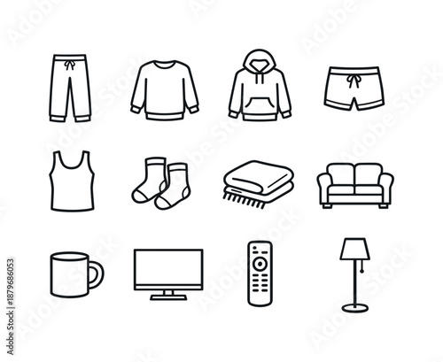 Image Generation. Loungewear at home. Line outline icon set of loungewear at home: lounge pants, oversized