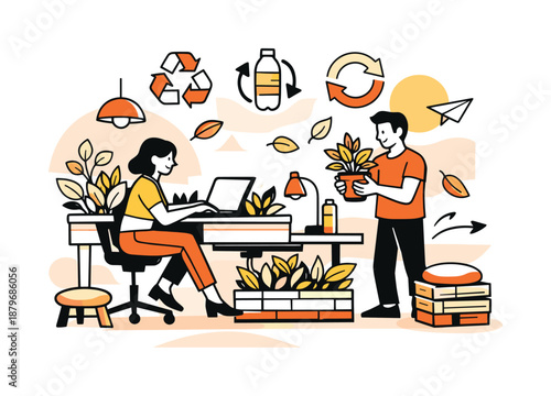 Eco-Friendly Workspace Design. Future of sustainable design. A workspace built from eco materials, plants