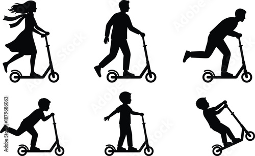 Silhouette set of people riding kick scooters, men, women and children in motion, modern urban mobility and outdoor transport activities isolated on white background