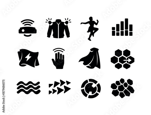 Image Generation. Motion responsive fashion. Filled icon set of Motion responsive fashion: movement sensor,