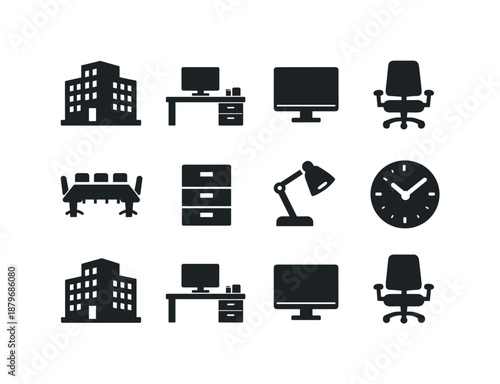 Image Generation. Corporate office environments. Filled icon set of Corporate office environments: office