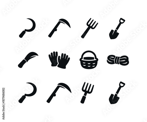 Image Generation. Harvest season tools. Filled icon set of Harvest season tools: sickle, scythe, pitchfork,