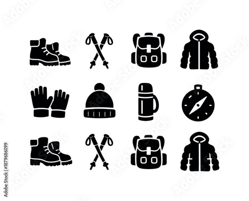 Cold Trekking Gear. Cold Trekking Essentials. Filled icon set of Cold Trekking Essentials: winter boots,