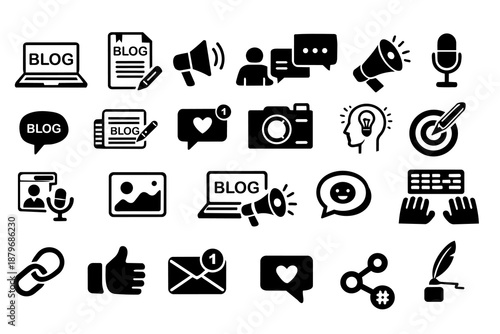 Collection of blog icons showing various activities related to content creation and sharing on different digital platforms
