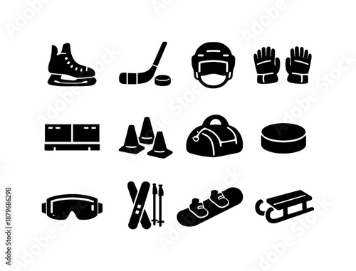 Winter Sports Gear. Winter Sports Gear. Filled icon set of Winter Sports Gear: ice skates, hockey stick, puck,