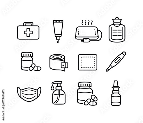 Winter Health Icons. Winter health and recovery products. Line outline icon set of Winter health and recovery