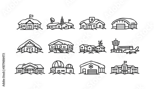 Cold-Region Building Icons. Cold-region public buildings. Line outline icon set of Cold-region public