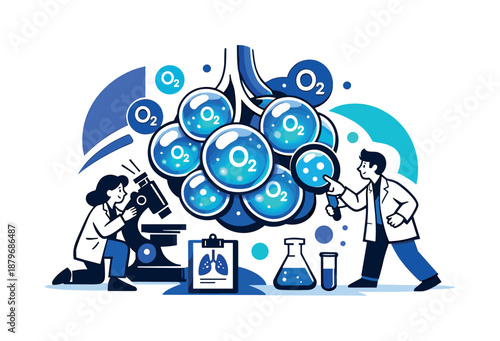 Image Generation. Breathing under a microscope. Enlarged alveoli depicted like soft bubbles, oxygen particles