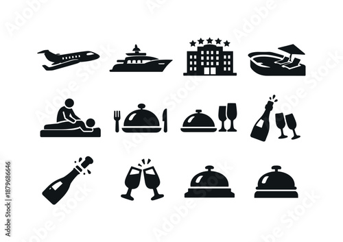Image Generation. Luxury travel experiences. Filled icon set of Luxury travel experiences: private jet, luxury