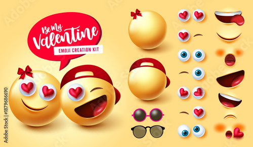 Valentine emoji character creation kit with hearts eyes and accessories