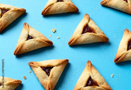 Traditional Hamantaschen cookies on blue background. Jewish Purim holiday pastry flat lay. Sweet triangular biscuits with jam filling pattern © Anna