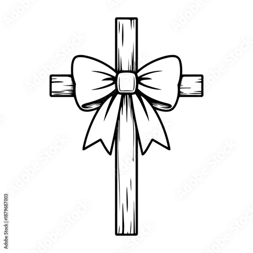 wooden christian cross decorated with bow black and white vector illustration religious easter symbol isolated on white background for church greeting card wall art print apparel