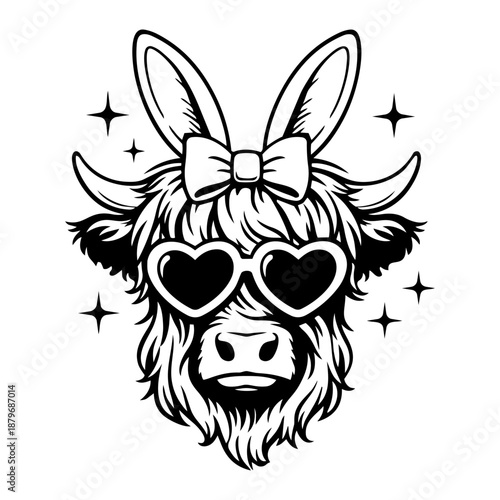 cute highland cow wearing bunny ear headband and heart sunglasses black and white vector illustration playful easter animal portrait isolated on white background for greeting card print apparel