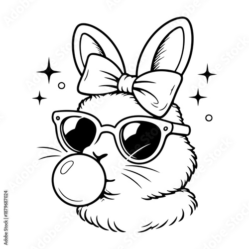 cute easter bunny wearing heart sunglasses and bow blowing bubble gum black and white vector illustration playful holiday animal portrait isolated on white background for greeting card print apparel