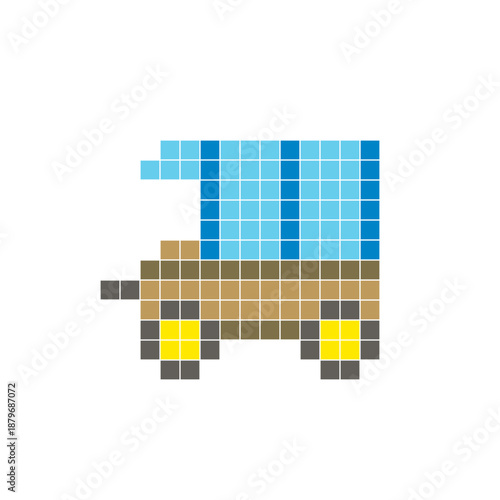 A flat pixel design made of geometric square color blocks on a clean icon layout. Pixel art chariot