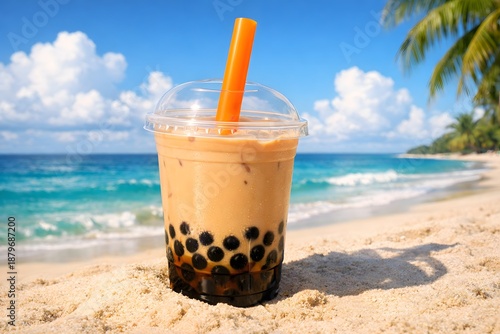 Refreshing iced bubble tea on sandy beach by turquoise ocean