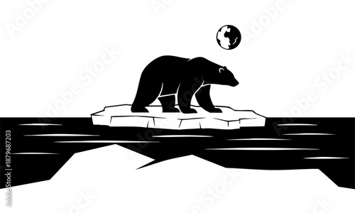 Polar bear stranded on a small melting ice floe under a distant globe symbolizes ecological crisis and climate change.
