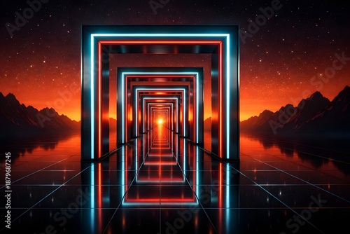 Sci fi light tunnel landscape with geometric frames and depth