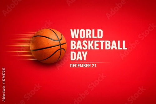 Sports celebration banner featuring basketball motion lines and december twenty one date