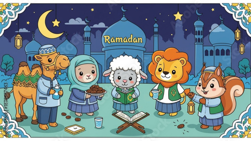Cute cartoon animals celebrating Ramadan Islamic holiday illustration with mosque moon and stars perfect for childrens books and greeting cards