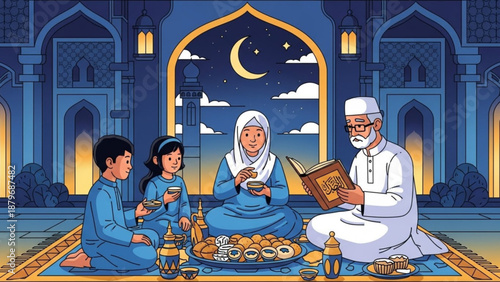 Muslim family celebrating Ramadan evening reading Quran and sharing Iftar meal traditional Islamic architecture background cultural celebration